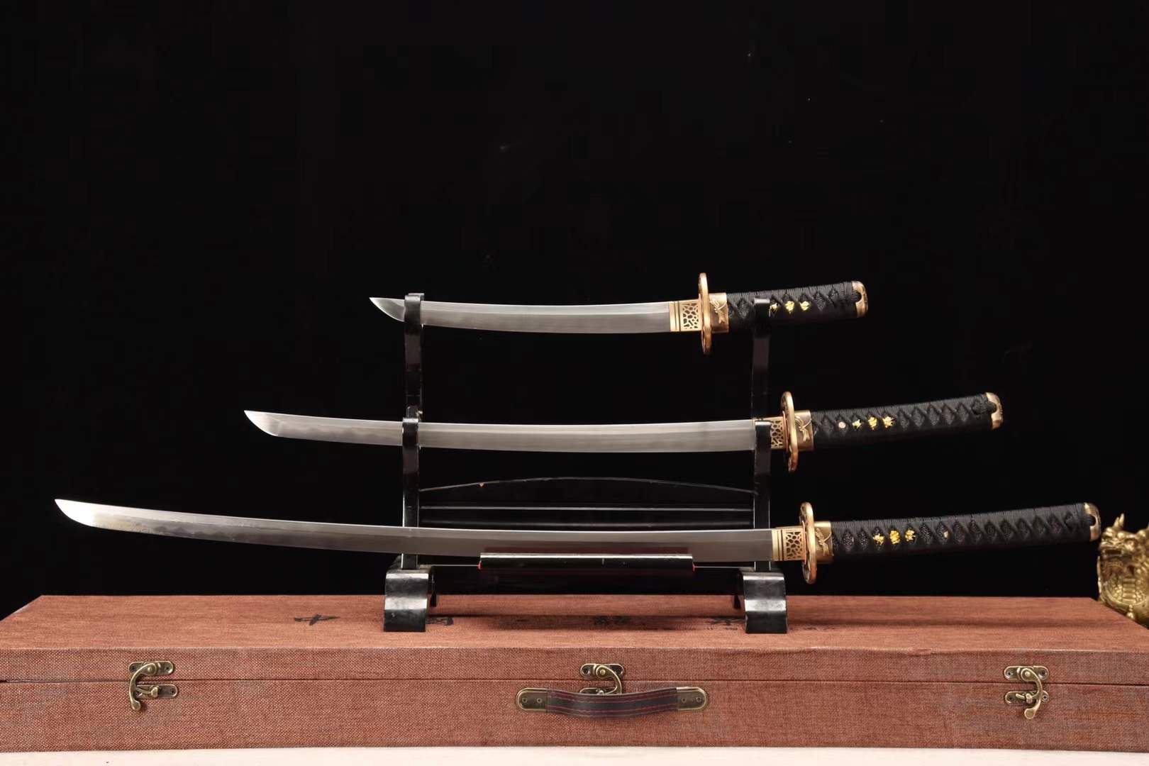 Damascus folding steel samurai sword set,clay burning blade sword set,handmade full tang katana set loveyitadj