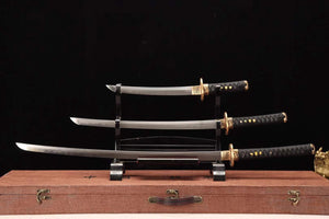 Damascus folding steel samurai sword set,clay burning blade sword set,handmade full tang katana set loveyitadj