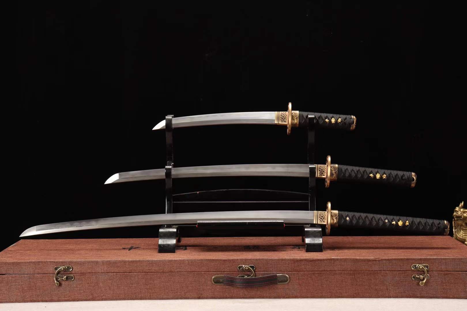 Damascus folding steel samurai sword set,clay burning blade sword set,handmade full tang katana set loveyitadj