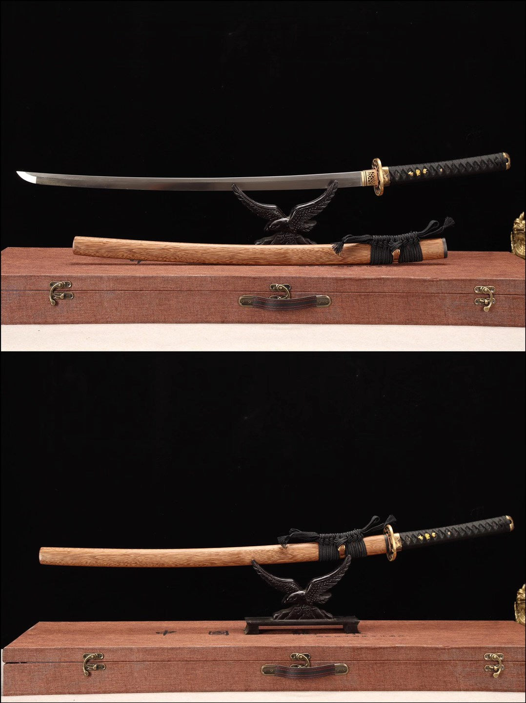 Damascus folding steel samurai sword set,clay burning blade sword set,handmade full tang katana set loveyitadj