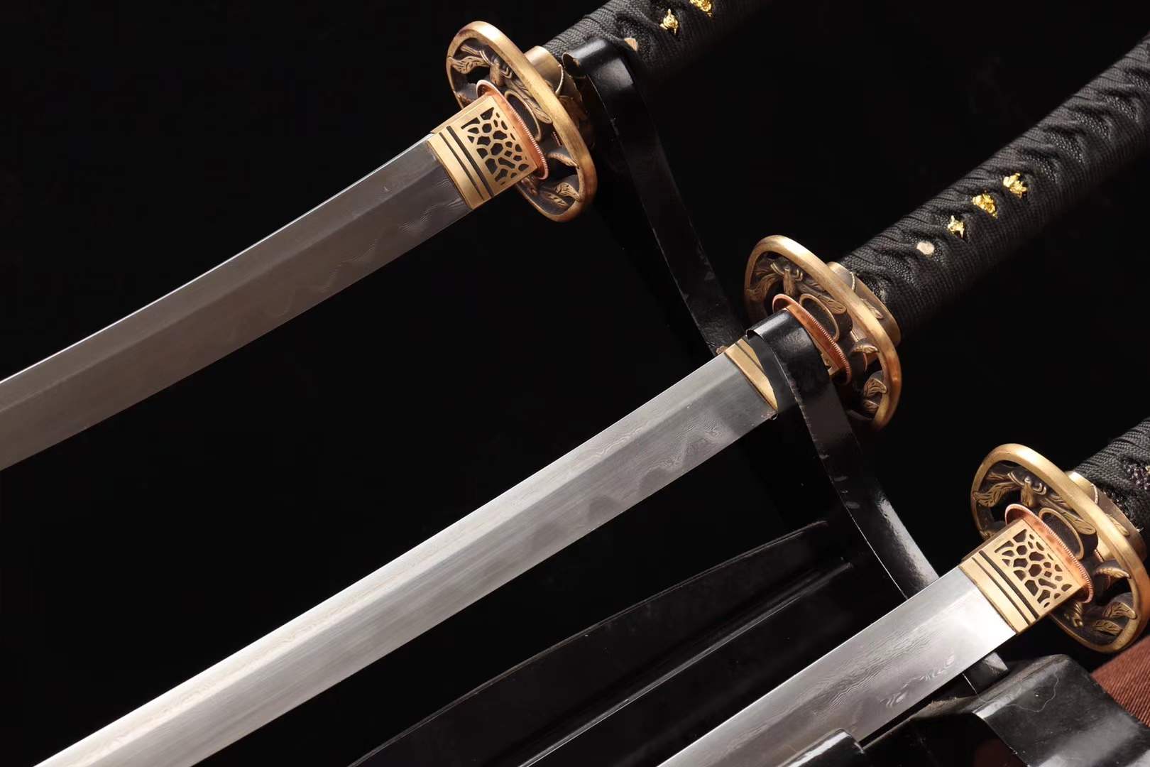 Damascus folding steel samurai sword set,clay burning blade sword set,handmade full tang katana set loveyitadj