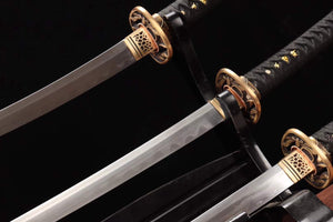 Damascus folding steel samurai sword set,clay burning blade sword set,handmade full tang katana set loveyitadj
