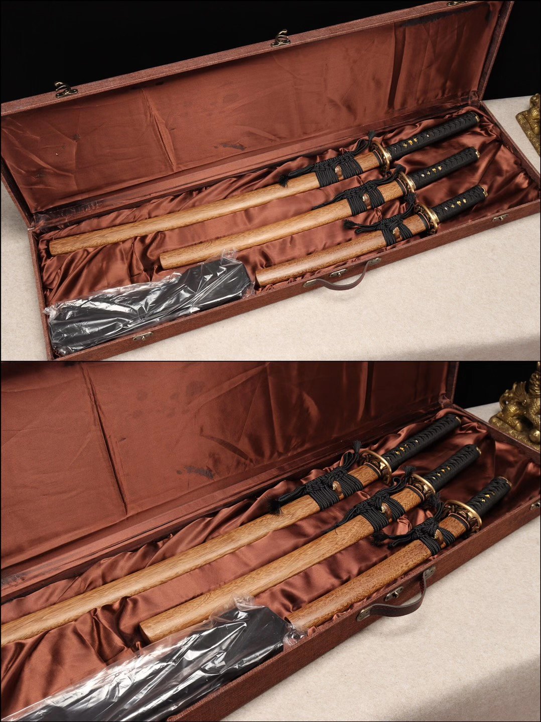 Damascus folding steel samurai sword set,clay burning blade sword set,handmade full tang katana set loveyitadj