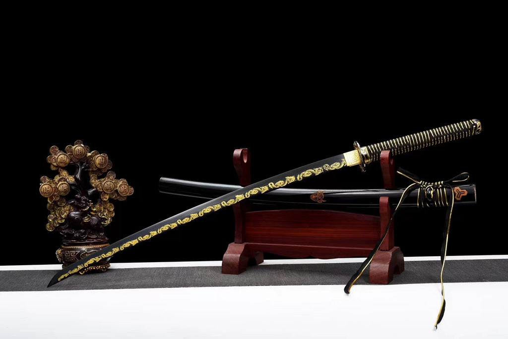 1045 carbon steel Japanese katana, carved dragon katana, black katana hansi sword